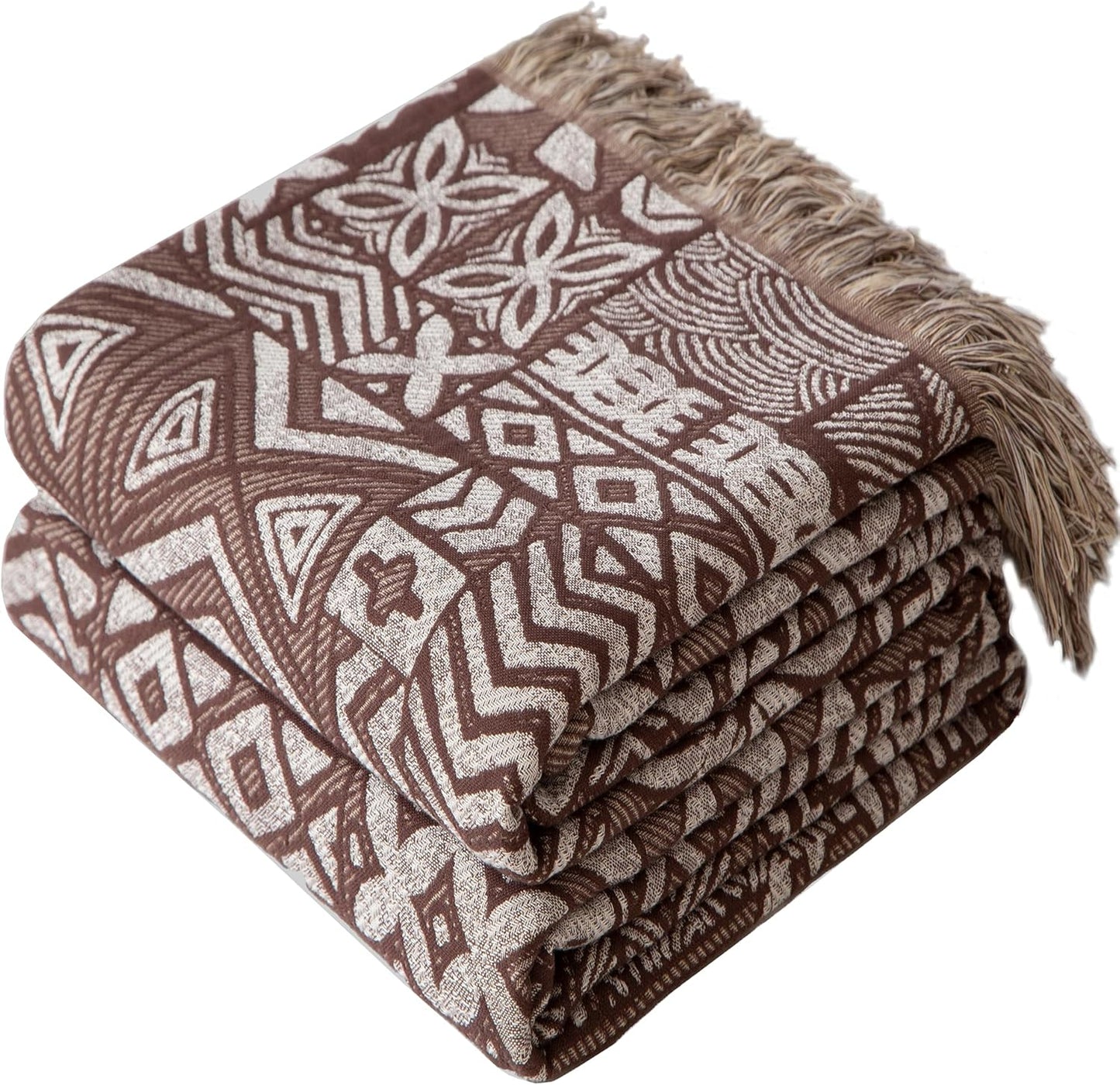 Boho Throw Blanket Full Size, Extra Large Soft Cozy Cotton Muslin Quilt Blanket for Bed Decor, Patchwork Block Couch Sofa Chair Cover, Vintage Farmhouse Cottage Woven Blanket, Brown&White