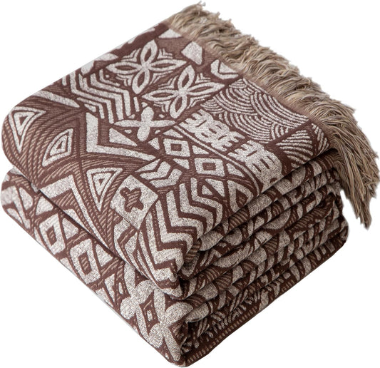 Boho Throw Blanket Full Size, Extra Large Soft Cozy Cotton Muslin Quilt Blanket for Bed Decor, Patchwork Block Couch Sofa Chair Cover, Vintage Farmhouse Cottage Woven Blanket, Brown&White
