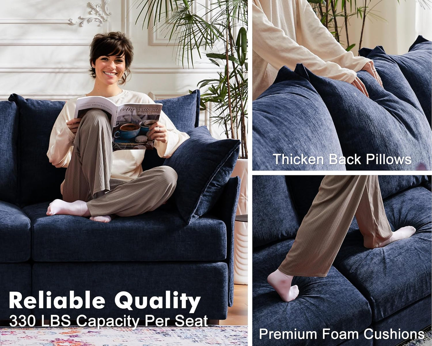 136.4" Oversized Modular Sectional Sleeper Sofa Bed, U Shaped Convertible Couch with Movable Ottoman, Large 8 Seat Corner Couches for Living Room Deep Seat Blue Chenille