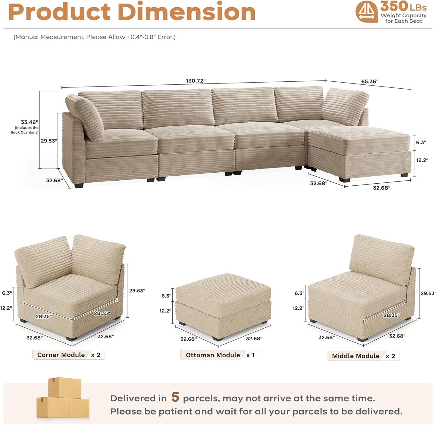 ovios Sectional Sofa Couch with L-Shape Chaise Ottoman, Comfy Modular Cloud Couches with Deep Seat, Modern Upholstered Plush Corduroy Sofas Set for Living Room, 5-Seater, Beige