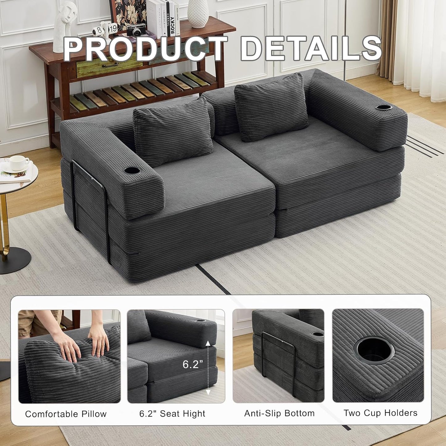 78" W Loveseat Sofa, 4 in 1 Convertible Floor Sofa Bed, Boneless Cloud Couch with Cup Holder, Fold Out Floor Couch, Loveseat Recliner Sleeper for Living Room Bedroom Lounge(Corduroy, White)