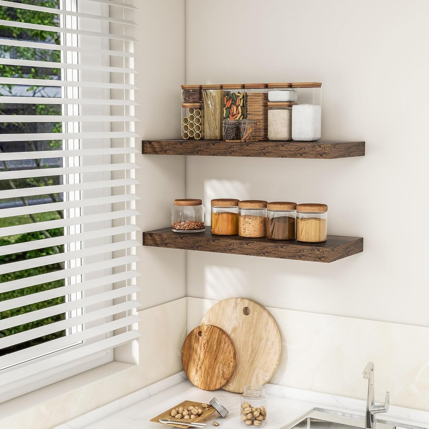 RICHFOCUS 31.5Inch Floating Shelves for Wall 2 Pack Shelves for Bedroom|Kitchen|Bathroom Wall Mounted Rustic Wood Floating Shelf with Invisible Brackets for Books|Storage|Decor, Rustic Brown