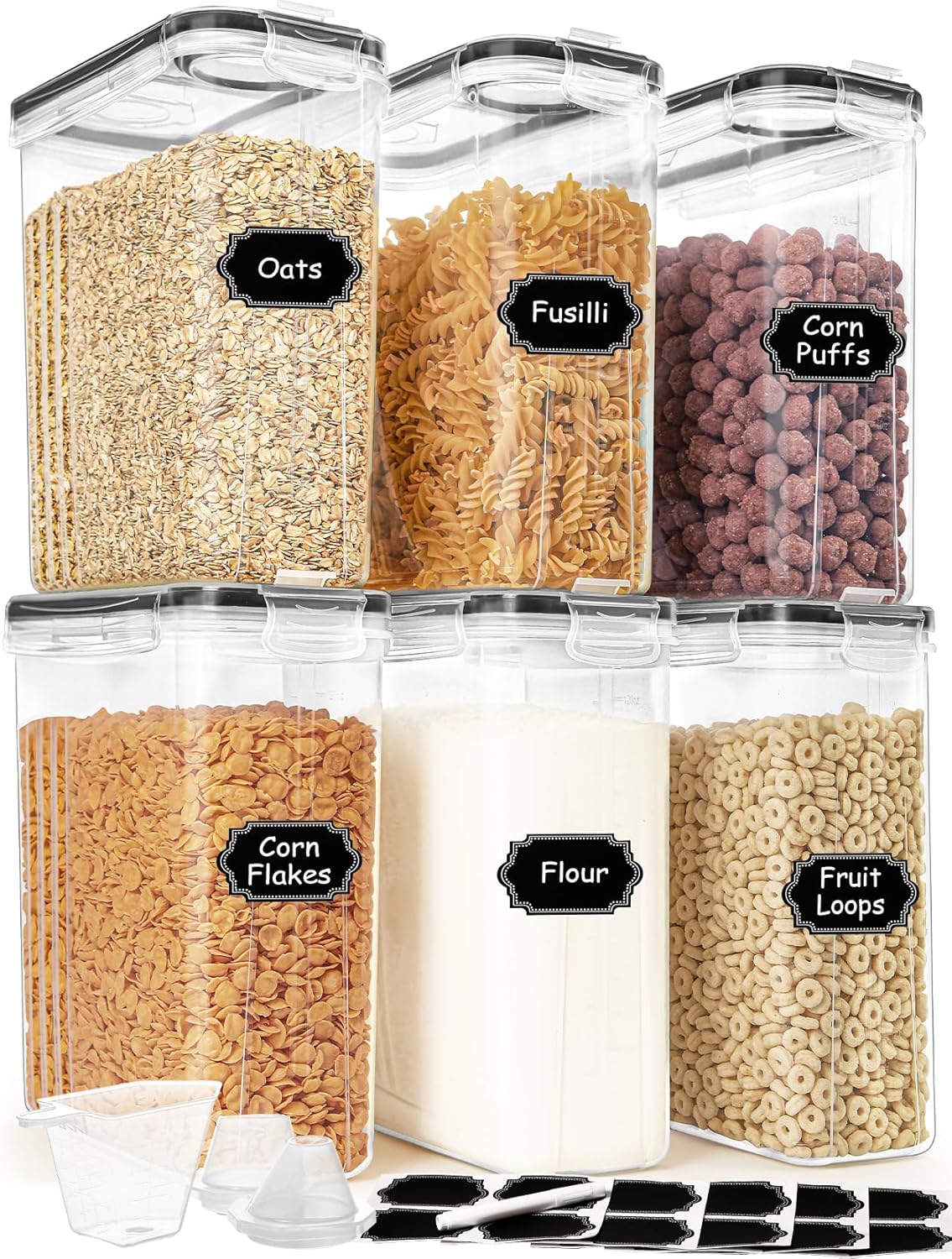 Cereal Containers Storage Set (4L / 135.2oz), 6PCS Airtight Food Storage Containers with Lids, Cereal Dispensers for kitchen Pantry Organizers and Storage with Pour Spout, 20 Labels, Marker