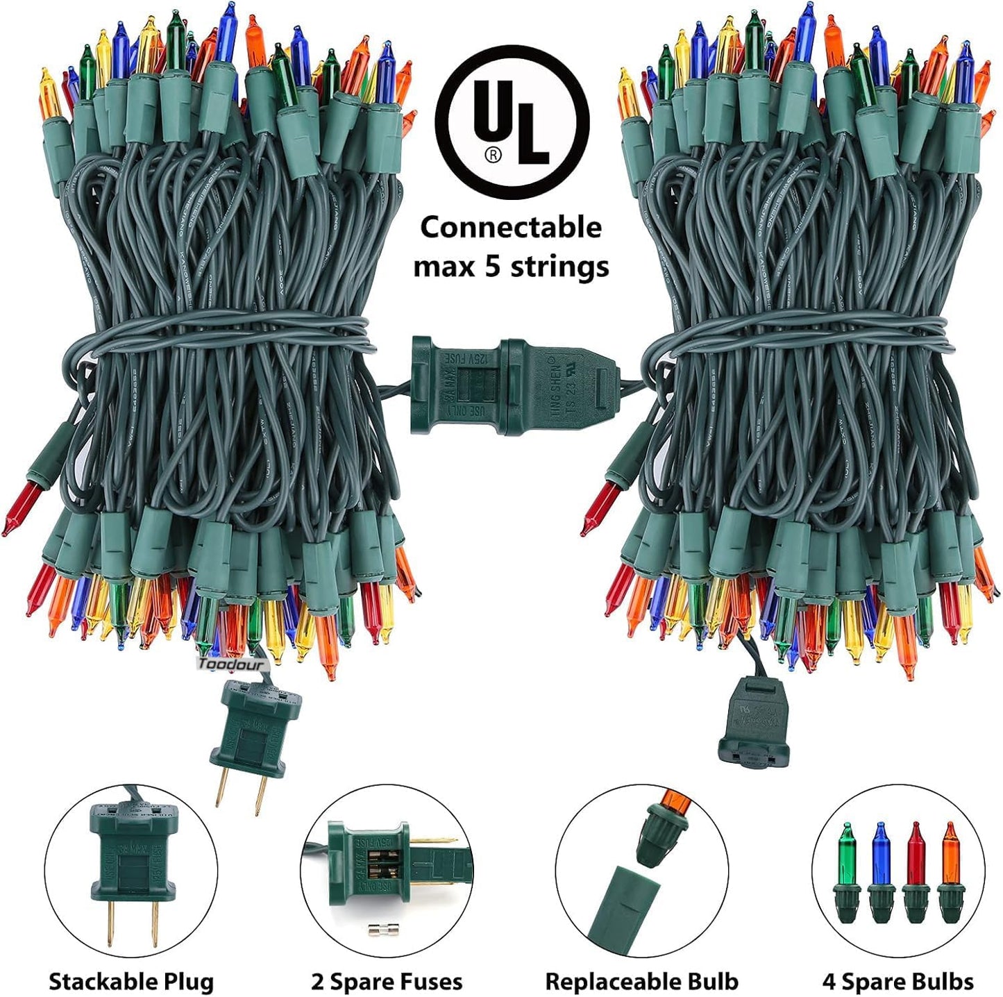 Toodour Multicolor Christmas Lights, 25ft 100 Count Incandescent Christmas String Lights, UL Certified Connectable Green Wire Xmas Lights for Tree, Holiday, Party, New Year, Indoor Xmas Decorations