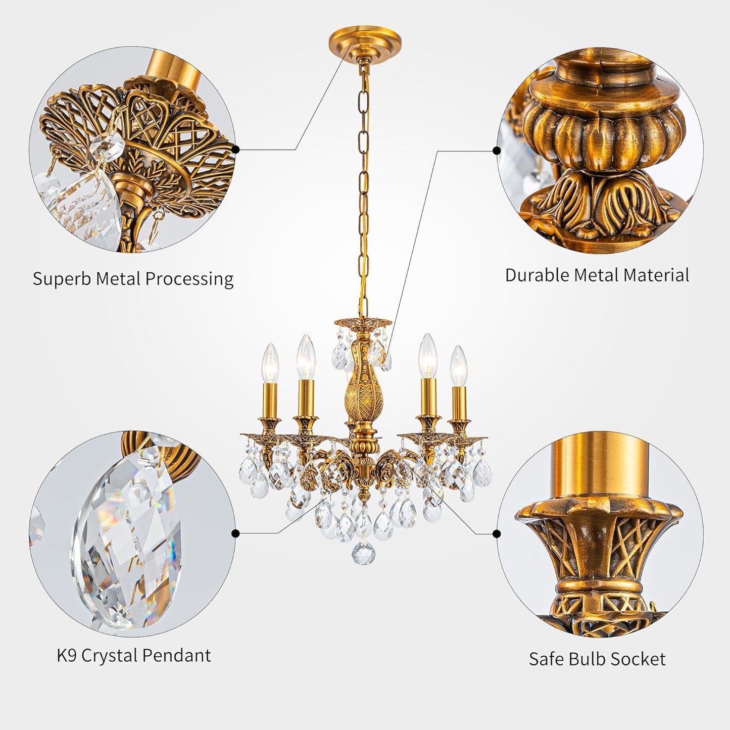 French K9 Crystal Maria Theresa Chandeliers, Luxury Vintage Pendant Light Fixture for Dining Room, Living Room, D18.3*H21~68 inch (Adjustable), Clear Crystal & Antique Bronze Finish Frame