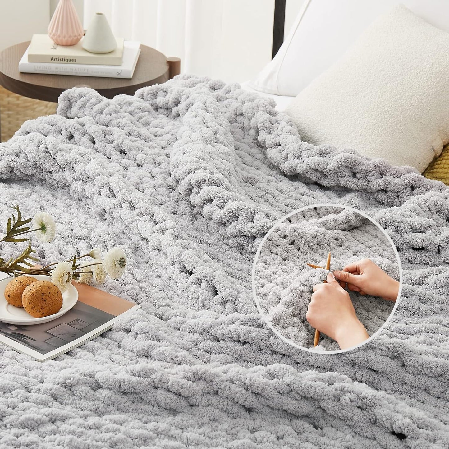 L'AGRATY Chunky Knit Blanket Throw: 80''x90'' Chenille Chunky Knitted Throw Blanket for Bed Couch - Handmade Thick Big Cable Knit Blanket - Large Chunky Crochet Rope Blanket for Home Decor(Grey)