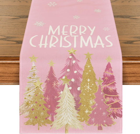 Artoid Mode Xmas Trees Snowflakes Pink Merry Christmas Table Runner, Winter Seasonal Kitchen Dining Table Decoration for Home Party Decor 13x72 Inch