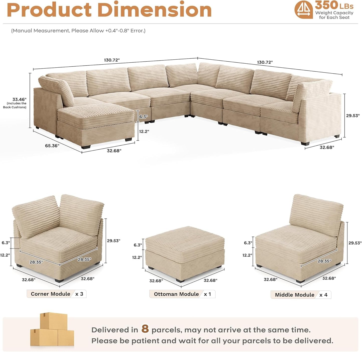 ovios Sectional Sofa Couch with L-Shape Chaise Ottoman, Comfy Modular Cloud Couches with Deep Seat, Modern Upholstered Plush Corduroy Sofas Set for Living Room, 8-Seater, Beige
