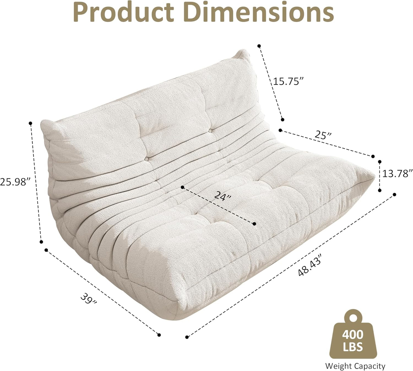 Bean Bag Chair, Oversized Loveseat Fireside Chair for Adults, 2 Seater with Memory Foam Filled, Lazy Sofa Lounge Floor Sofa for Living Room, Bedroom, Office, No Assembly Required. (Beige)