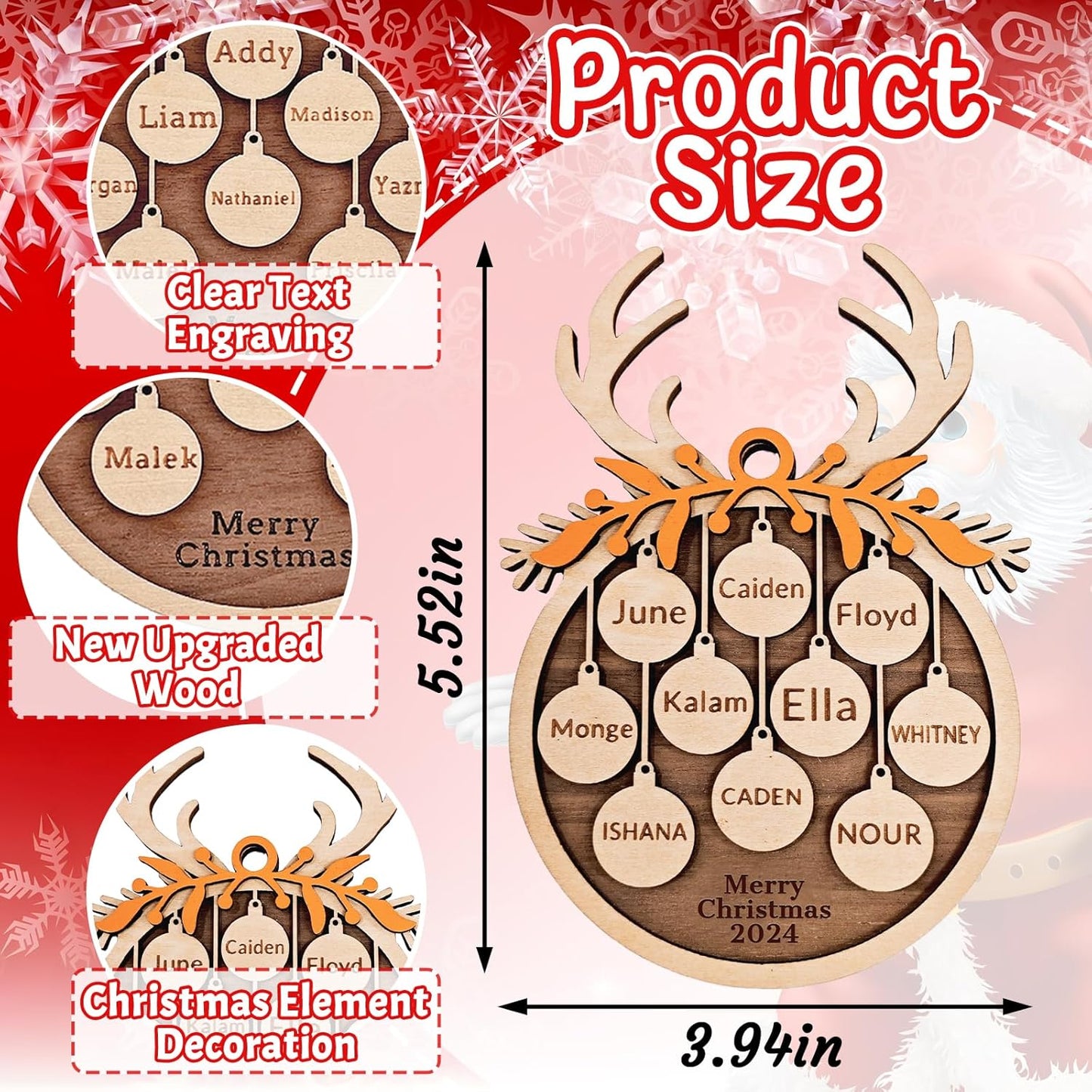 Personalized Christmas Ornaments 2025 with Family Names Custom Wooden Ornaments for Christmas Tree Personalized Christmas Ornament Gifts (1-10 Names)