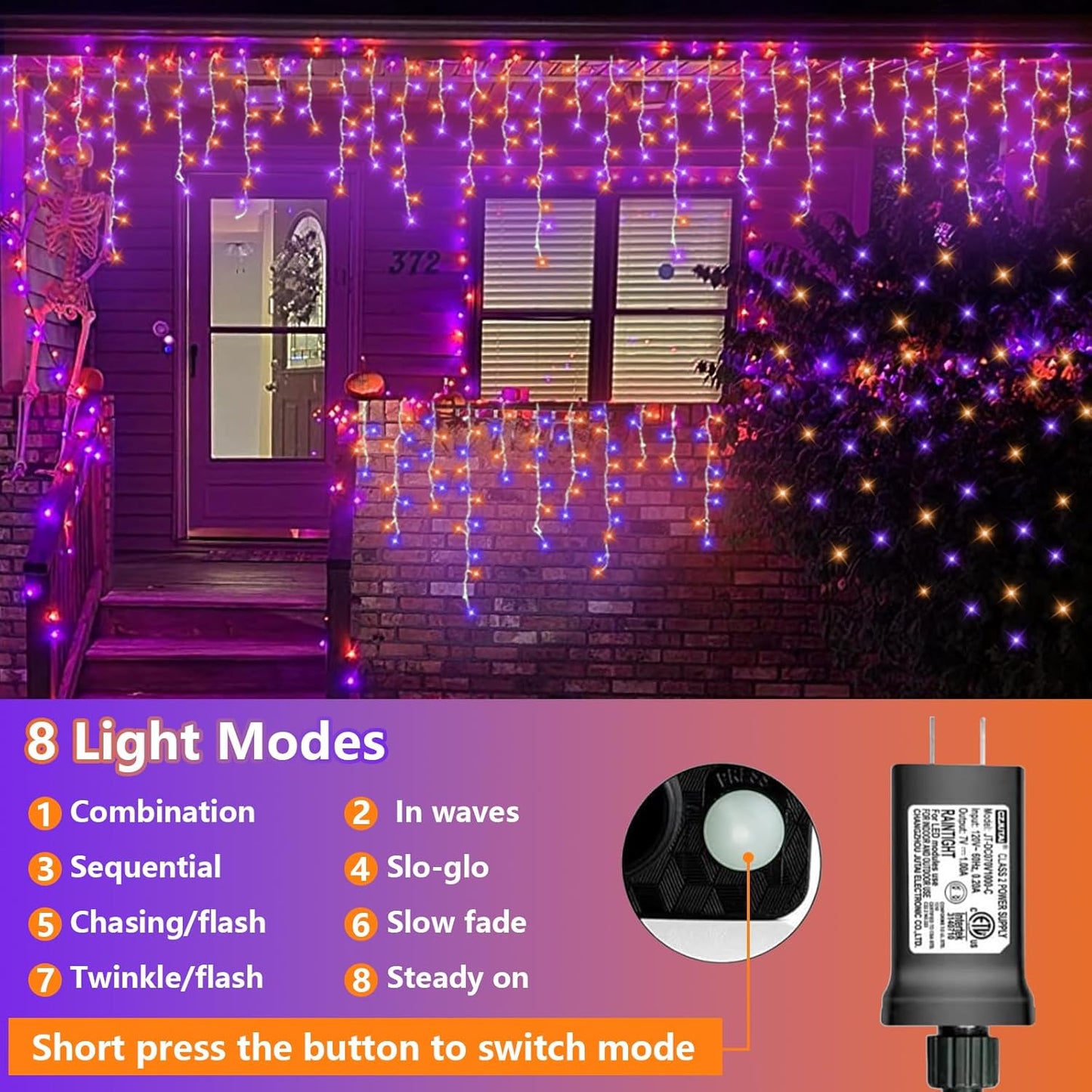 QITONG Orange and Purple Halloween Lights Outdoor, 66ft 800 LED Icicle Light Indoor Plug in, 8 Modes Connectable String Lights with 160 Drops