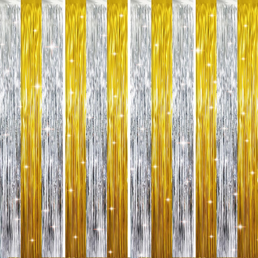 GOER 3.2 ft x 8.2 ft Metallic Tinsel Foil Fringe Curtains Party Backdrop Party Streamers for Birthday,Graduation,New Year Eve Decorations Wedding Decor (4 Pcs,Gold&Silver)