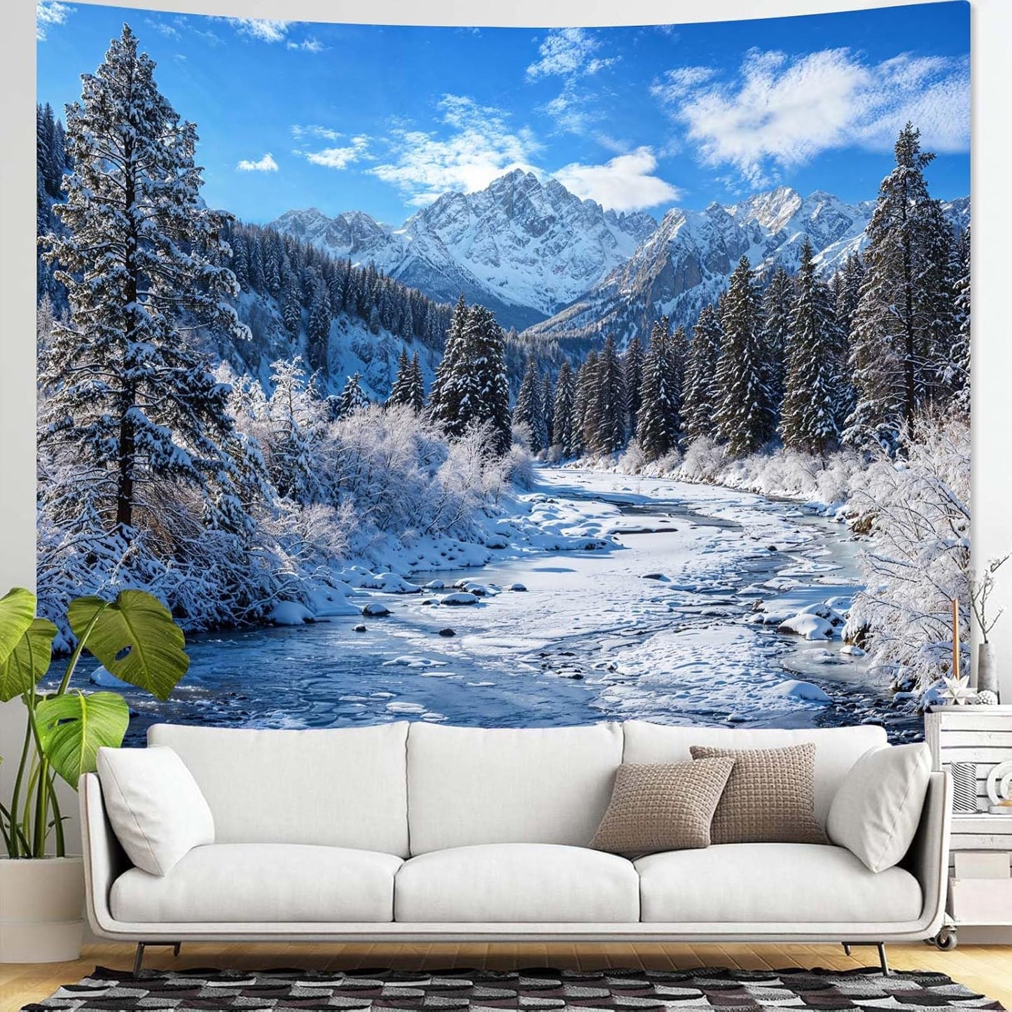 AMM Winter Forest Snow Mountain Tapestry Snowy Pine Tree Woodland Tapestry for Bedroom Aesthetic White Clouds Flowing River Landscape Tapestries Wall Hanging for Living Room Dorm Office 90 x 68 Inch