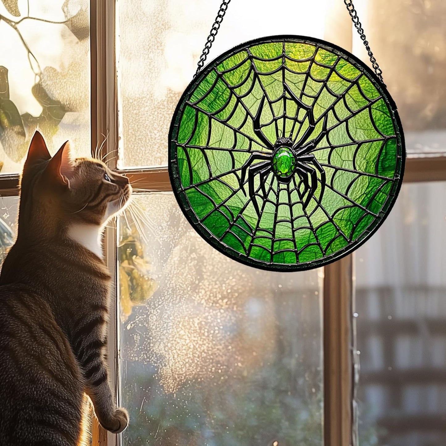 Stained Glass Window Hanging - Black Green Horror Spider Web Suncatcher for Doors Garden Patio Sun Catchers Decor Christmas Halloween Birthday Gifts for Women Men Mom Nana Friend 15 in
