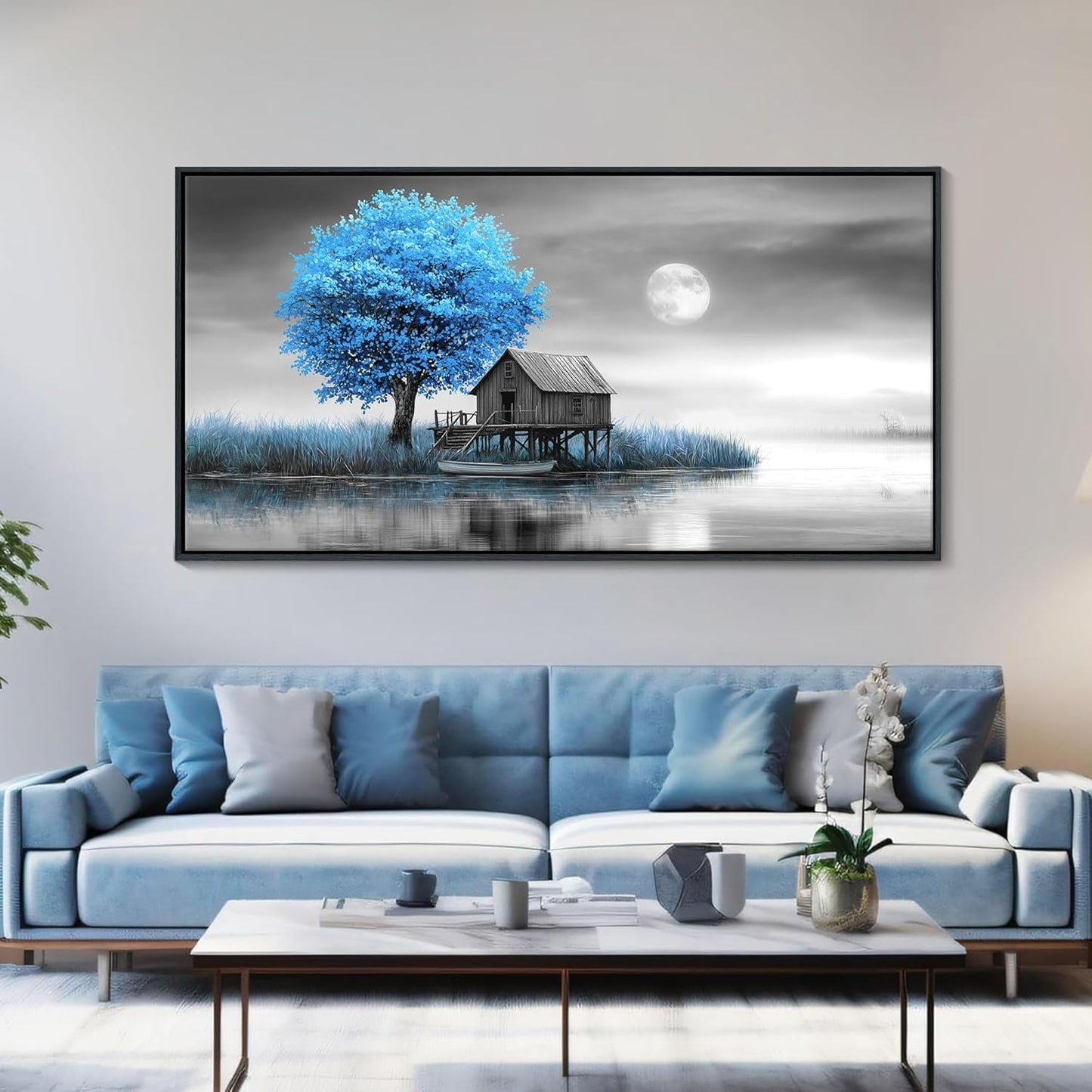 JEAWA Large Framed Canvas Wall Art - Blue Gray Picture for Living Room Home Office, Winter Landscape Canvas Paintings, Moon Pictures Wall Decor, Tree Artwork Print, 29x58 IN