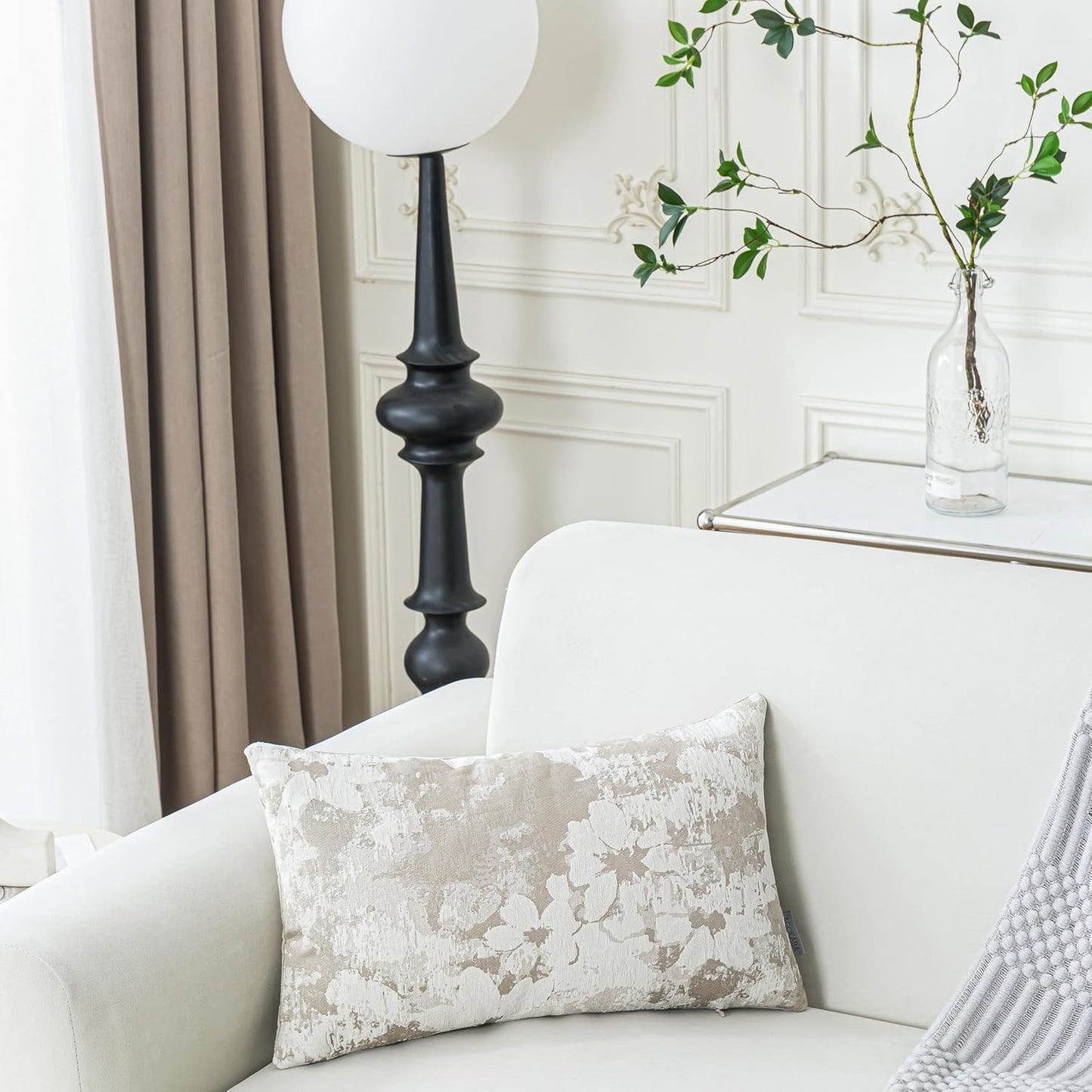 Jacquard Throw Pillow Covers 12x20 Inch Set of 2 - Vintage Floral Boho Pillow Cases with Botanical Pattern | Farmhouse Decor for Couch | Soft Textured Neutral Trio Light Khaki Warm Beige 12" x 20"