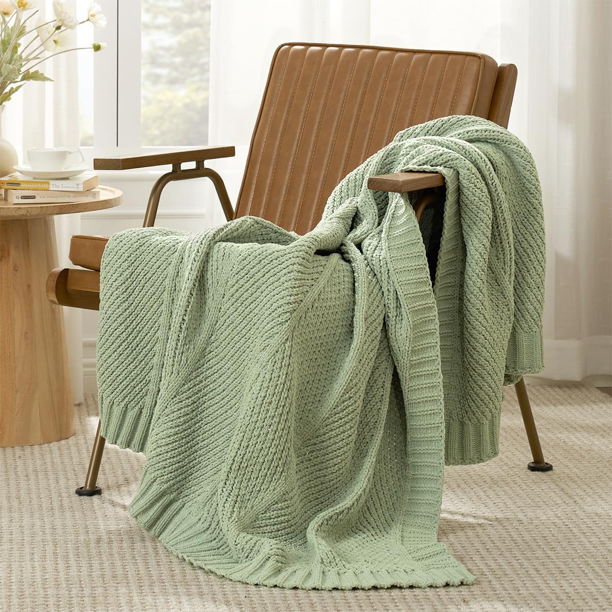 Amélie Home Chenille Knit Throw Blanket for Couch, Chevron Texture Decorative Soft Blanket for Sofa, Bed & Chair, 60"x80", Sage Green