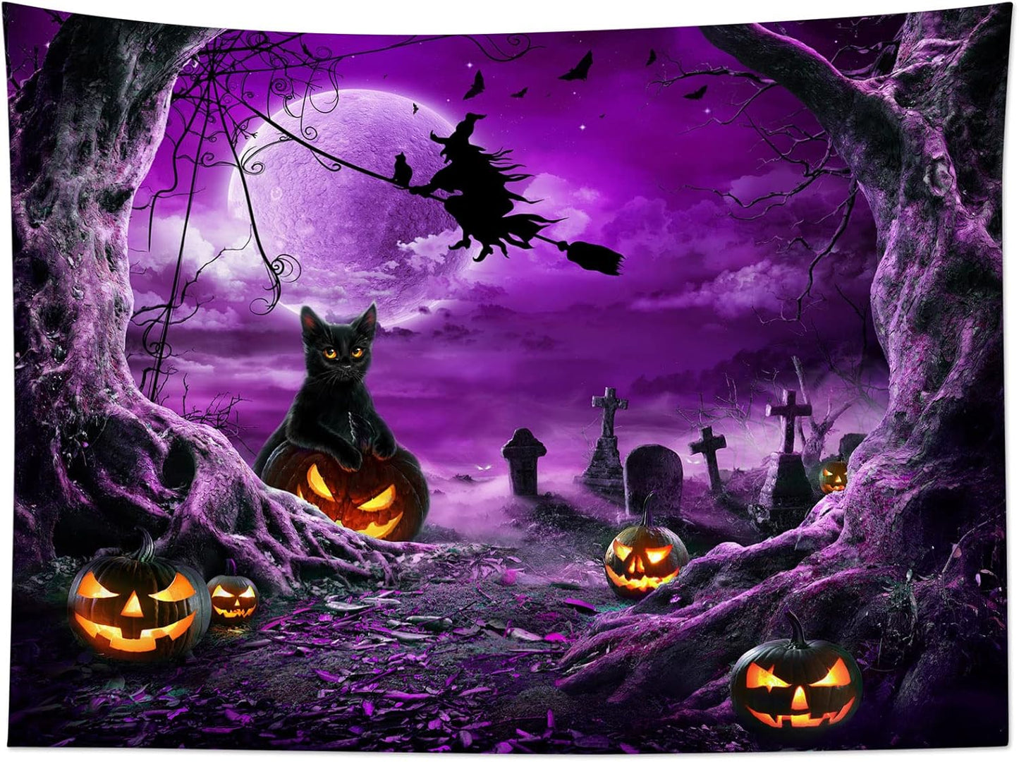 LB Halloween Wall Art - Horror Witch Cat and Dead Tree Pumpkin Lights with Spooky Graveyard Wall Tapestry Purple Full Moon over Misty Forest for Bedroom Living Room - 92.5x70.9 Inches