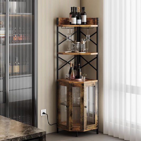 Corner Bar Cabinet with Power Outlet, 5-Tier Corner Wine Cabinet with Led Strip and Glass Holder, Industrial Tall Liquor Cabinet Bar Wine Rack for Home, Rustic Brown