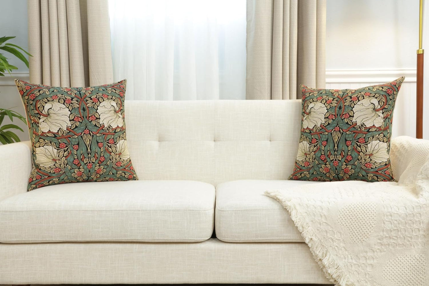 Charlotte Home Furnishings Pimpernel Red Green Floral Throw Pillow Cover 18” x 18” – Double-Sided Tapestry Cushion Cover for Couch, Sofa, or Bed | 100% Cotton Jacquard Woven in Europe