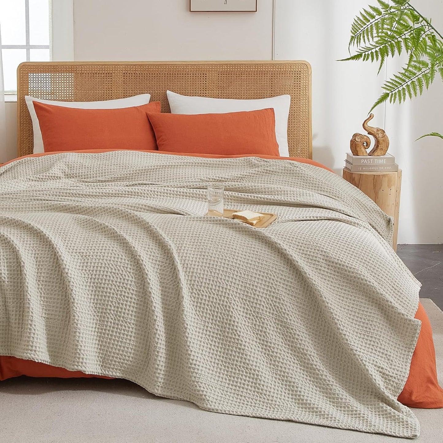 PHF Ultra Soft Waffle Weave Blanket Queen Size 90"x 90"- Washed Lightweight Breathable Cozy Woven Blanket for Bed - Aesthetic Decor for Couch Bedding Sofa Home Car - Light Khaki/Linen