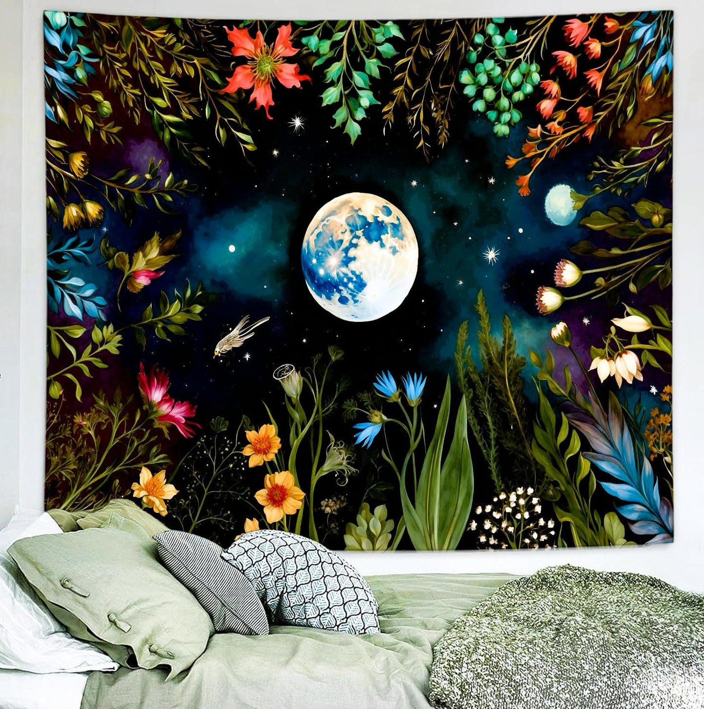 Delur Moonlit Garden Tapestry Boho Moon Floral Plant Tapestry Wall Hanging Colorful Flower Botanical Nature Night Landscape Headboard for Bedroom Living Room Home Decor (51.2" x 59.1")