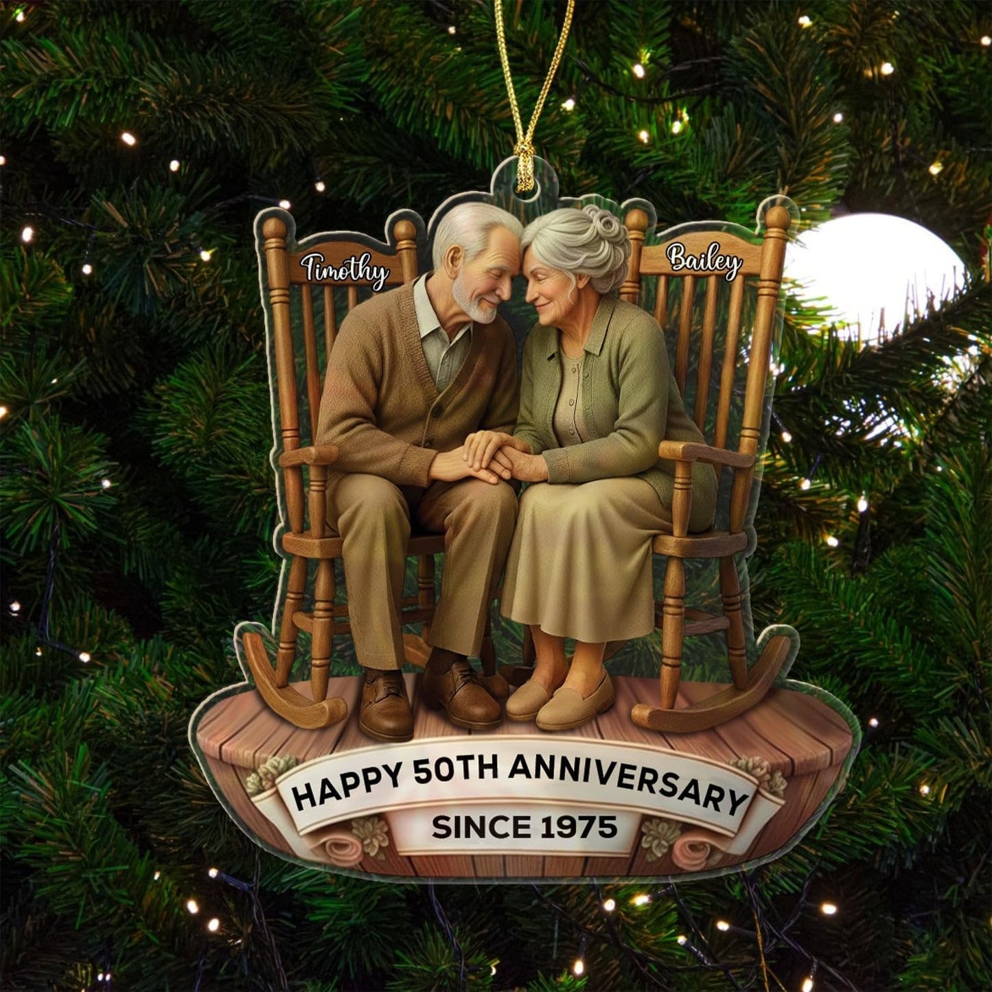 Personalized 50th Anniversary Shaped Christmas Ornament 2025, Old Couple Sitting On Rocking Chairs Together Ornaments Gift for Wedding Anniversary, Custom Text Name Ornament for Parents Grandparents