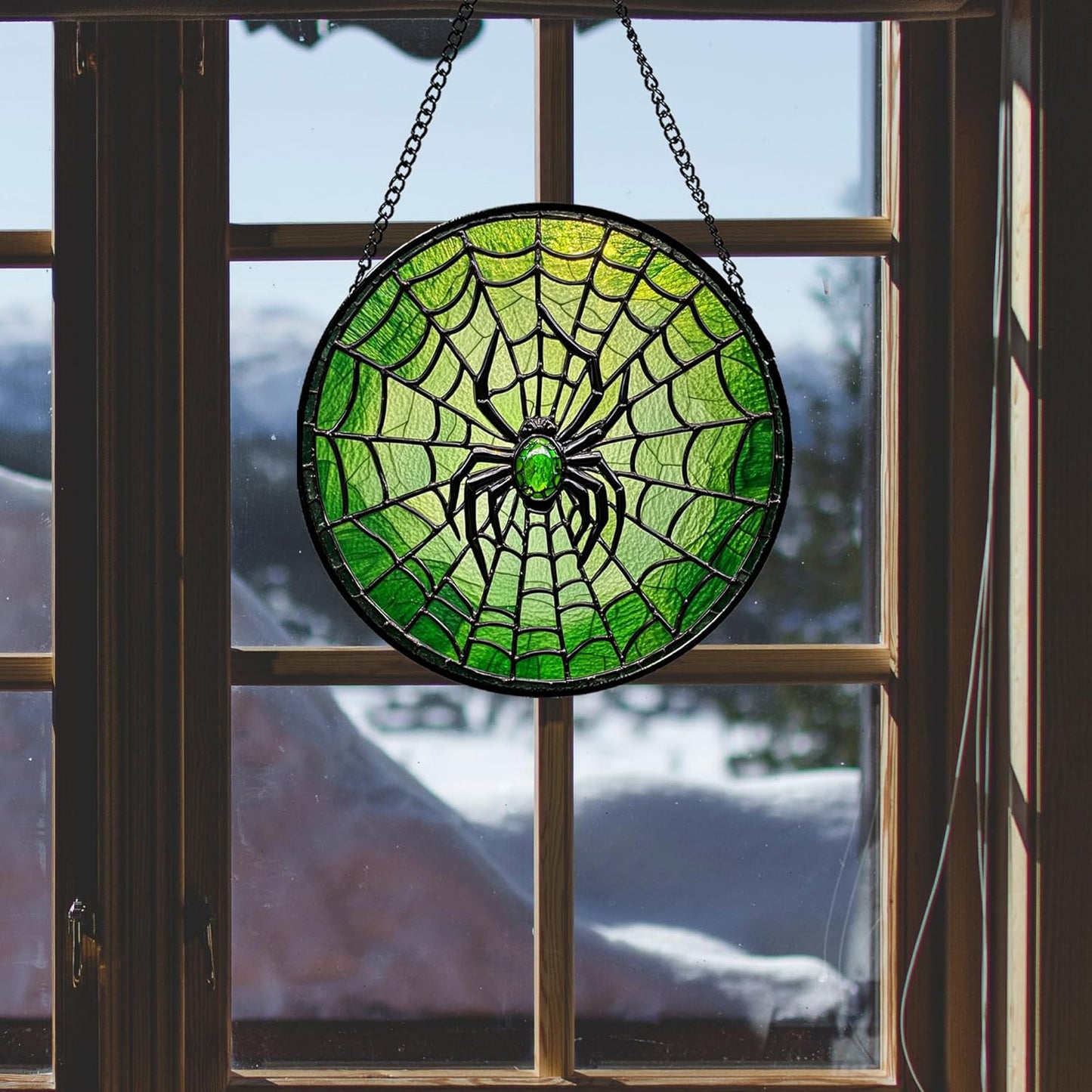 Stained Glass Window Hanging - Black Green Horror Spider Web Suncatcher for Doors Garden Patio Sun Catchers Decor Christmas Halloween Birthday Gifts for Women Men Mom Nana Friend 9.8 in