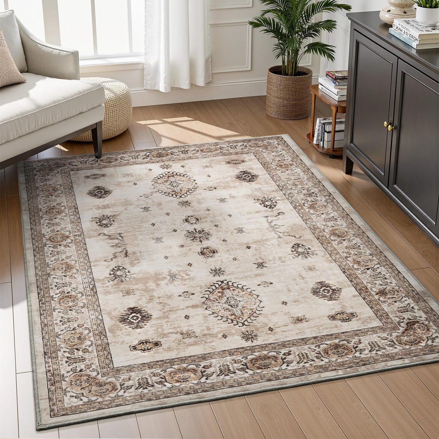 AMOAMI-Vintage Area Rug 3x5 Brown Rugs for Living Room-Soft Washable Rug Non Slip Entryway Rug Indoor Vintage Throw Accent for Bedroom Laundry Room Dining Bathroom Bedside