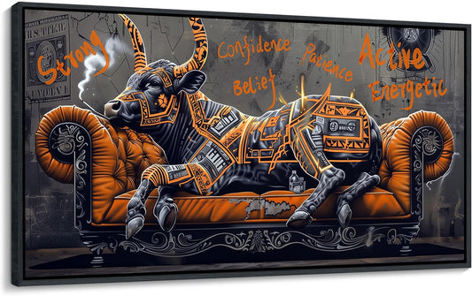 JEAWA Framed Canvas Wall Art - Creative Wall Art for Bedroom Living Room Bathroom, Modern Artwork Decor for Home Decoration, Strong Bull Color Graffiti, 20x40 IN