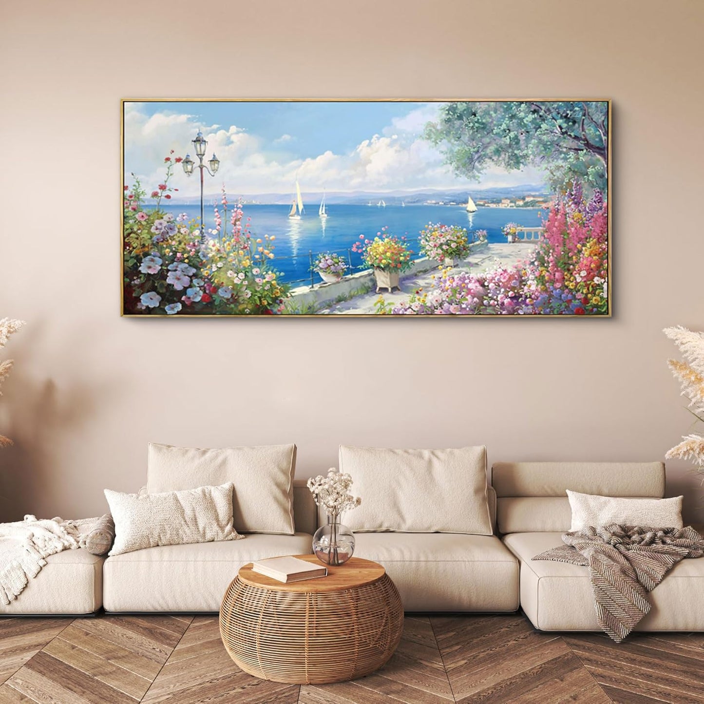 XLSJERST Extra Large Coastal Wall Art - Ocean Seascape Canvas Yellow Green Flowers Painting Landscape Sailboat Picture Artwork Modern Large Framed for Living Room Bedroom Home Office Decor