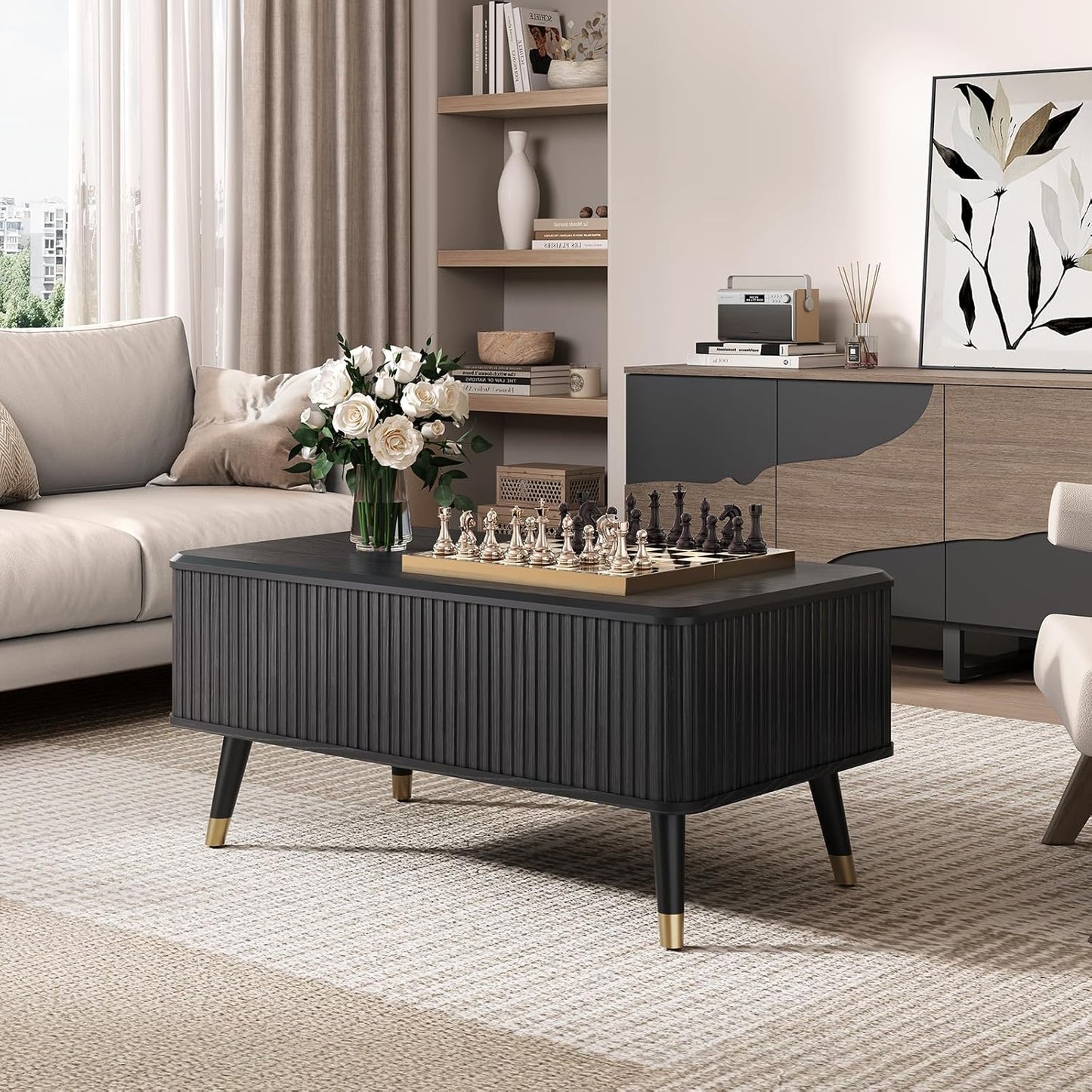 Lift Top Coffee Table with Storage Shelf & Hidden Compartment, Mid Century Modern Fluted Rectangle Dining Table for Living Room, Home Office,Black