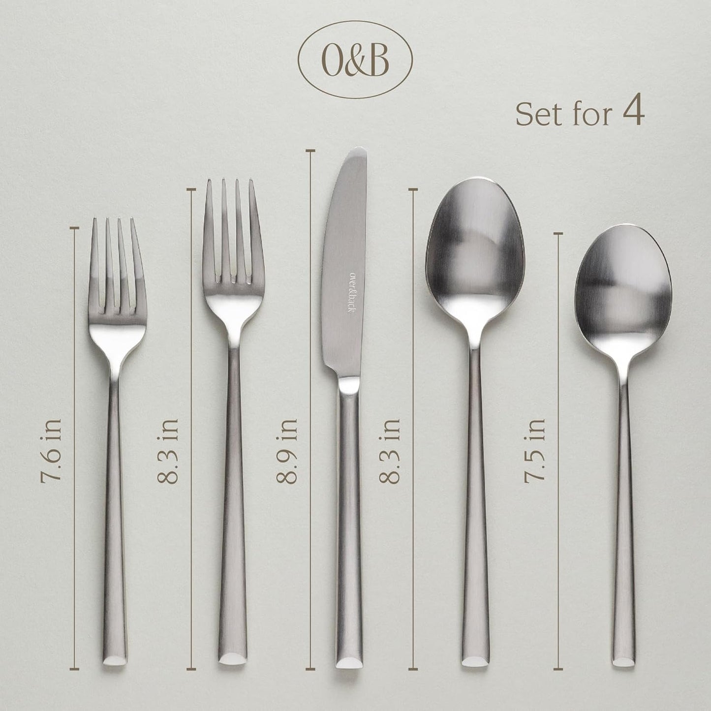 over&back 20pc Modern Flatware Cutlery Set - Comes with 4 Dinner Forks, 4 Salad Forks, 4 Dinner Knives, 4 Dinner Spoons, and 4 Teaspoons - 18/8 Stainless Steel - Dishwasher-Safe - Brushed Stainless
