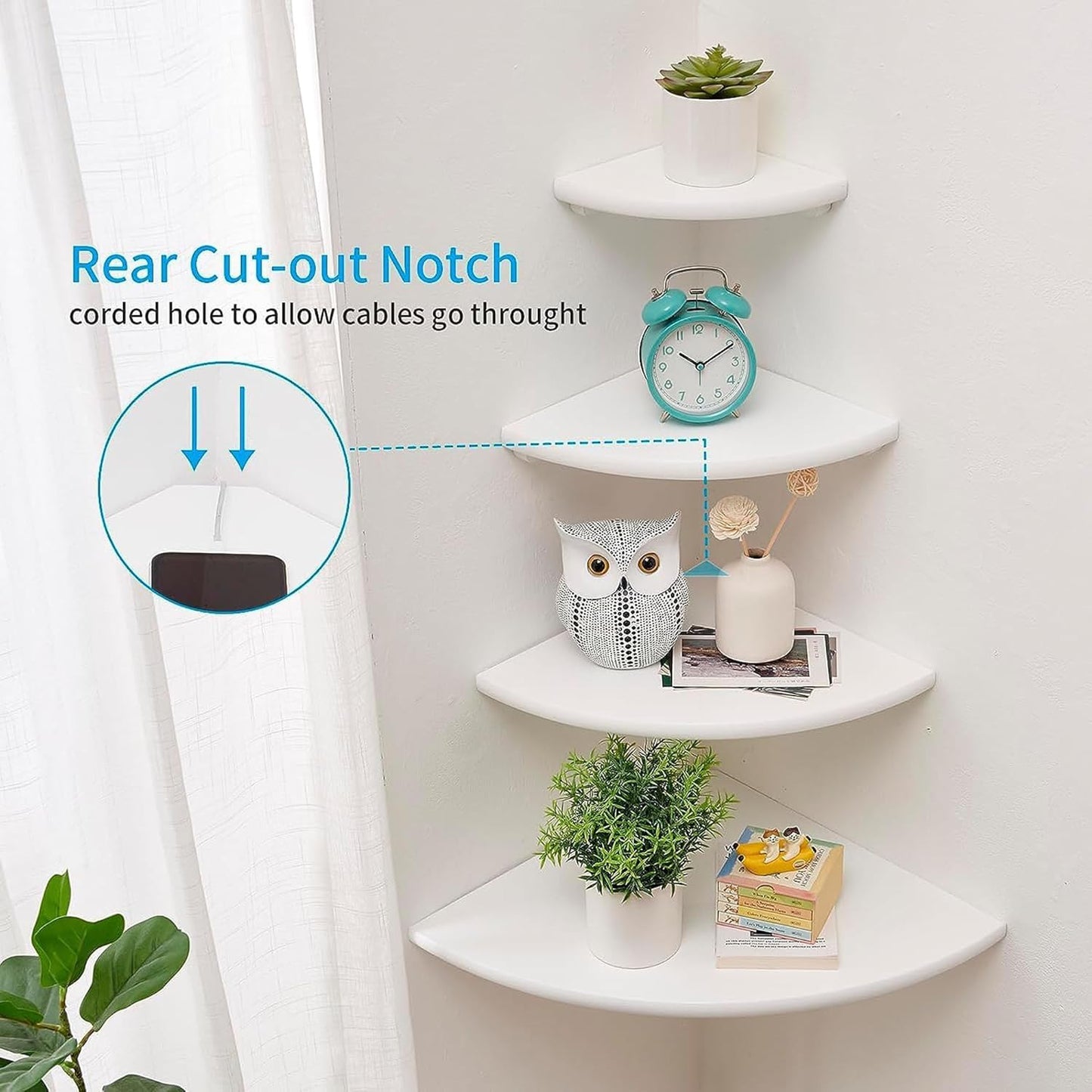 Corner Shelves, Floating Corner Shelf, Set of 2 White Solid Oak Wood Wall Shelves, Round End Wall Mount with Wire Hole Shelving for Small Plant for Bedroom Kitchen, Living Room 8.7"