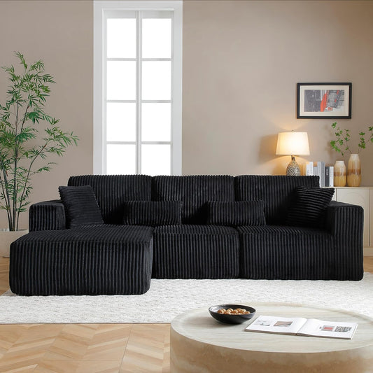 HYJT-H&K Modular Sectional Sofa Cloud Sectional Couch, 107" Comfy Fluffy L Shaped Dark Black Couches for Living Room, Deep Seat Memory Foam Plush Corduroy Boneless Couch Sectionals Left Facing Chaise