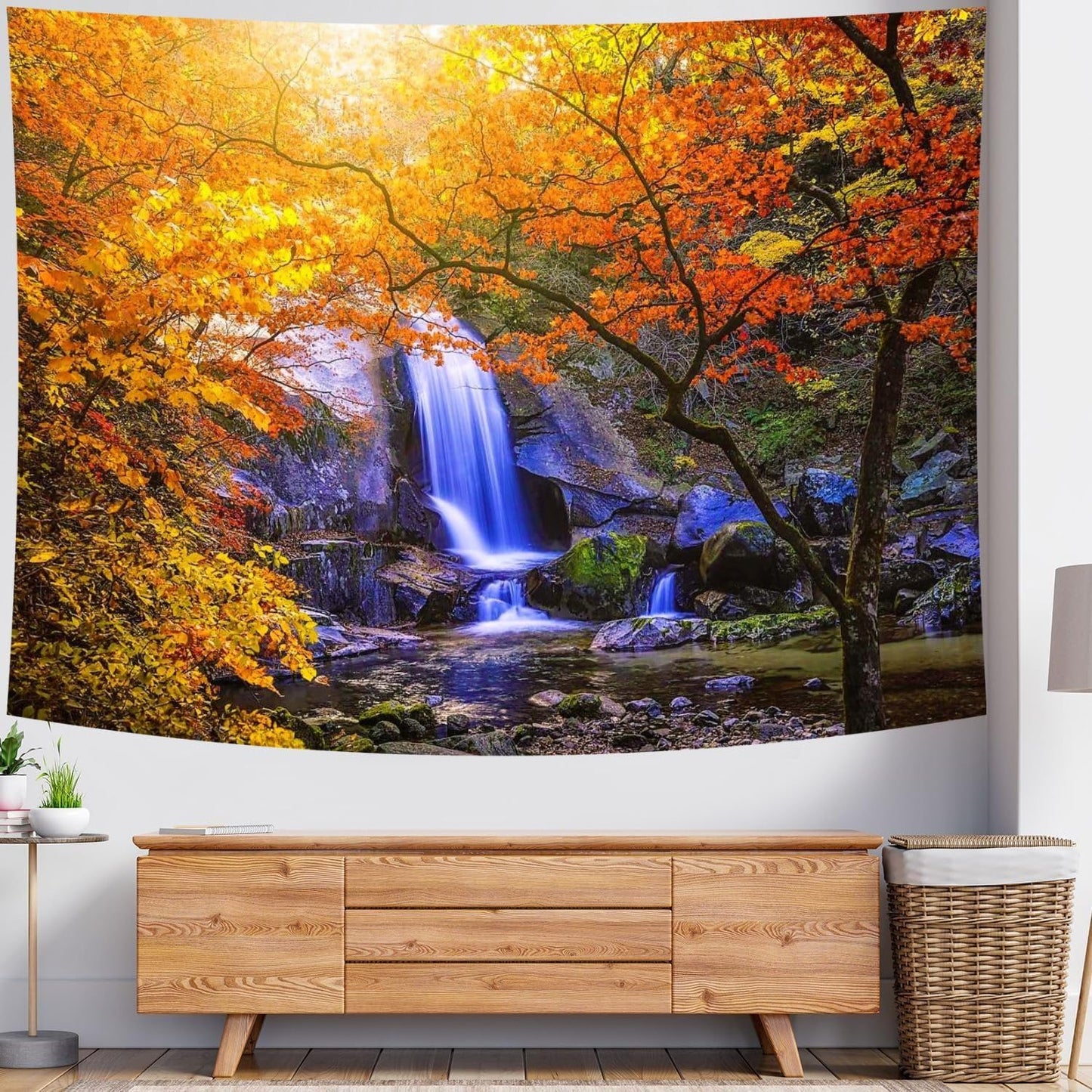 Delur Waterfall Tapestry Forest Nature Scenic Tree Mountain Sunset Tapestry Wall Hanging Natural Landscape Sunrise Headboard for Bedroom Living Room Home Decor (51.2" x 59.1")