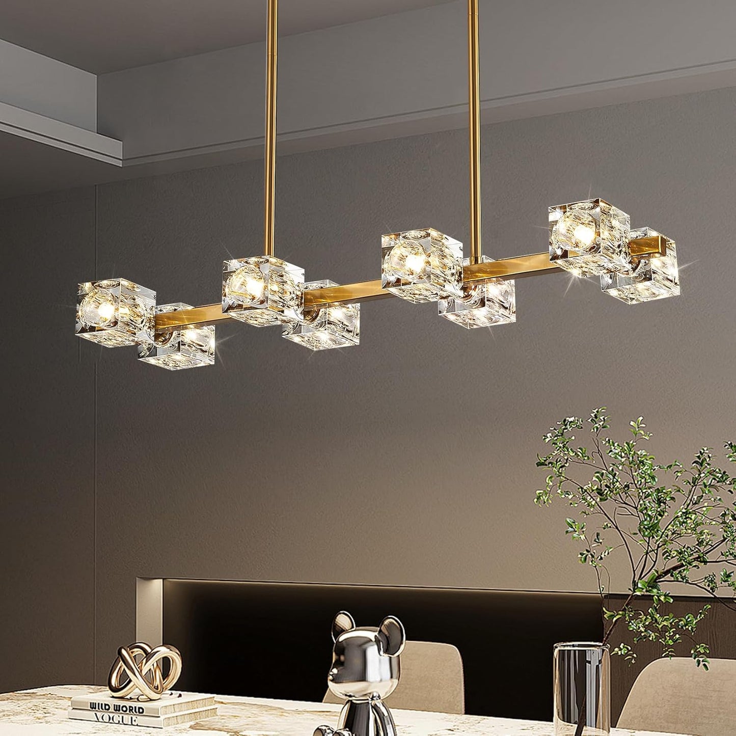 Dining Room Light Fixture,Gold Modern Crystal Chandelier Rectangular Pendant Light with 8 Light Farmhouse Chandeliers for Kitchen Island Dining Room Living Room Bedroom