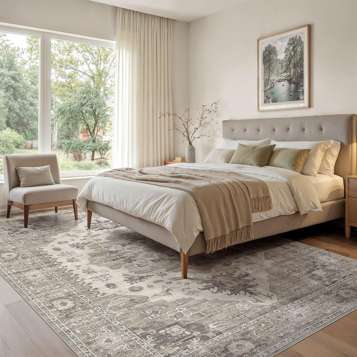 Washable Area Rugs for Living Room -8x11 Neutral Vintage Distressed Floral Farmhouse Boho Large Soft Floor Rug Indoor Non Slip Carpet for Living Room Bedroom Dining Room Office-Brown/Beige