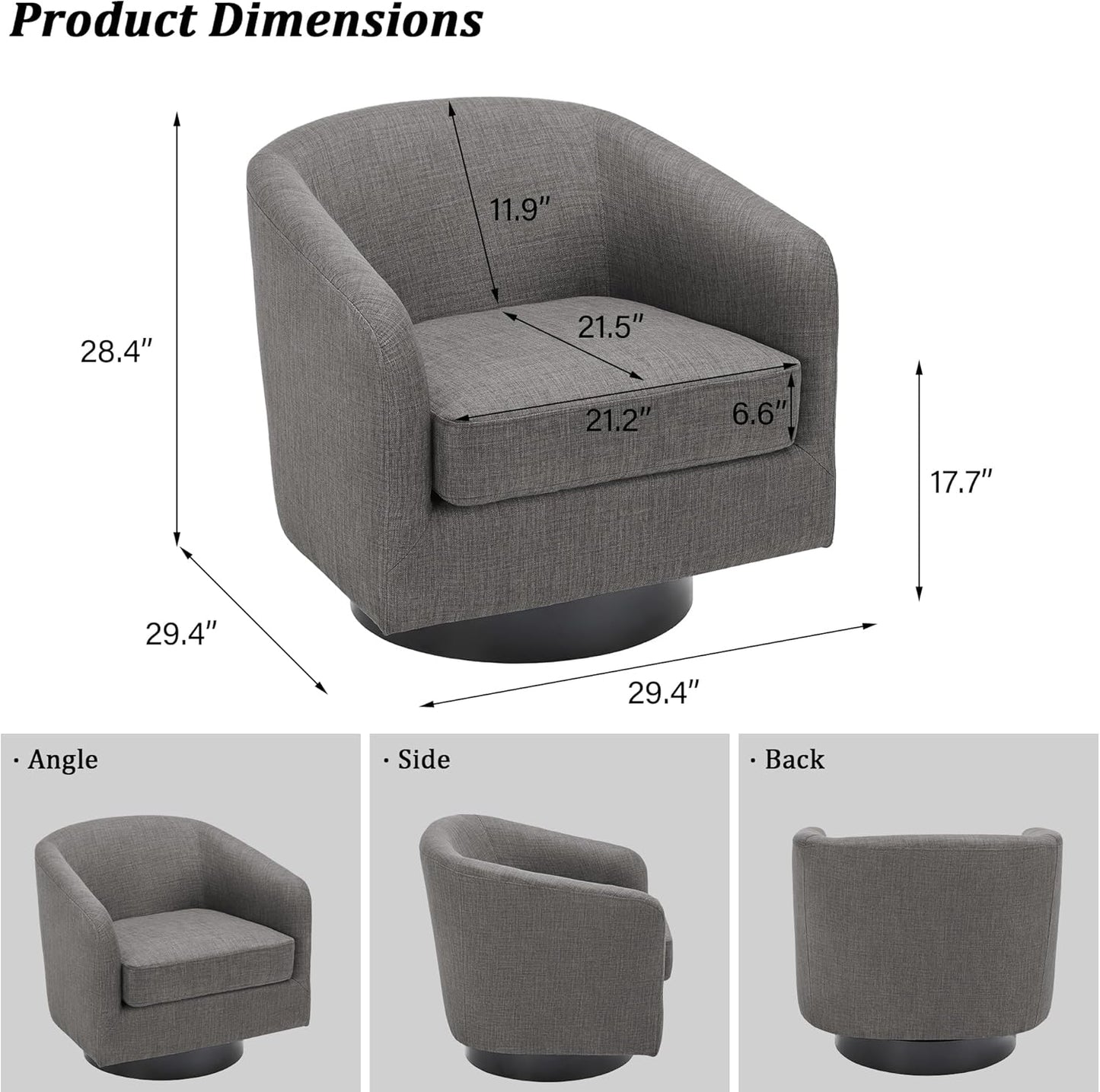Swivel Barrel Accent Chair, Modern Round Linen Arm Chair for Living Room, Bedroom, Comfy Club Reading Chairs for Adults（Linen Fabric, Grey, Set of 4