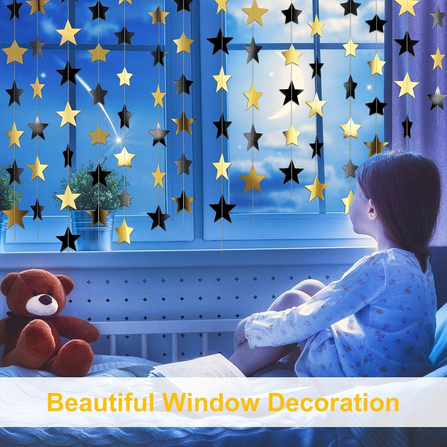 Patelai Glitter Star Garland Banner Decor 130 Feet Star Hanging Bunting Banner Twinkle Backdrop for Homecoming Classroom Wedding Birthday Halloween Christmas Party Supplies(Black, Gold)