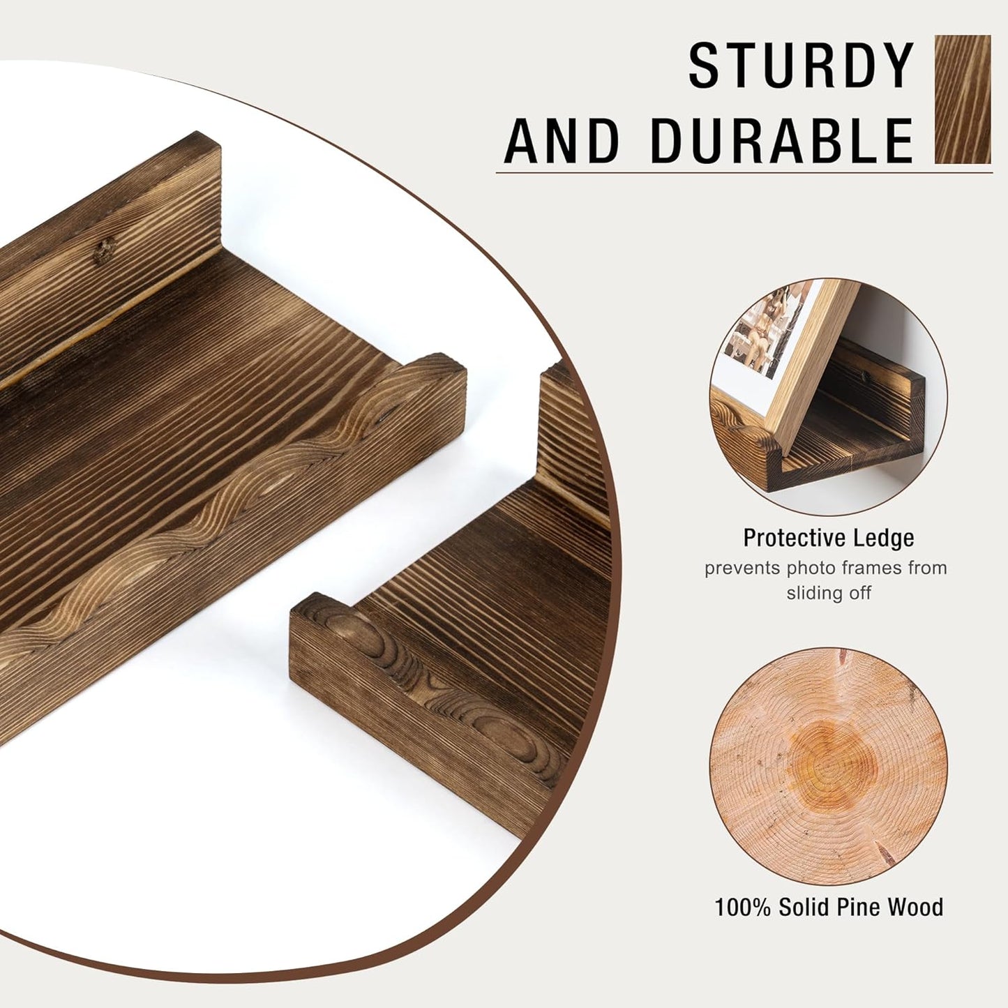 Fun Memories Picture Ledge Shelf for Wall, 48 inch Pine Wood Nursery Book Shelves Set of 2- Wall Book Shelves for Kids Room, Home Decor - Kitchen Spice-Carbonized