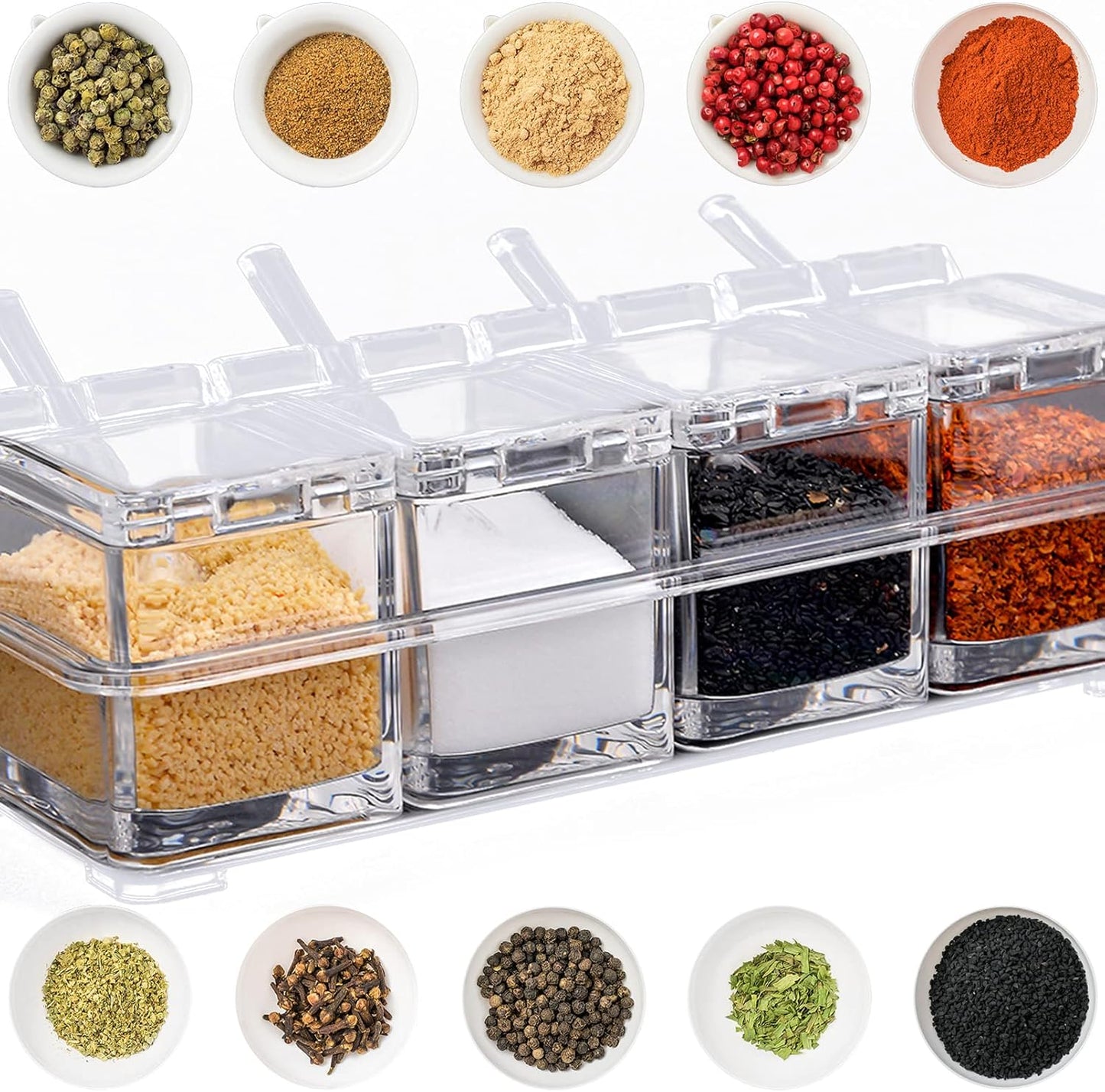 Clear Spice Containers, 4 Pieces Condiment Container with Lids for Salt Sugar, Acrylic Spice Rack Spice Container with Spoon