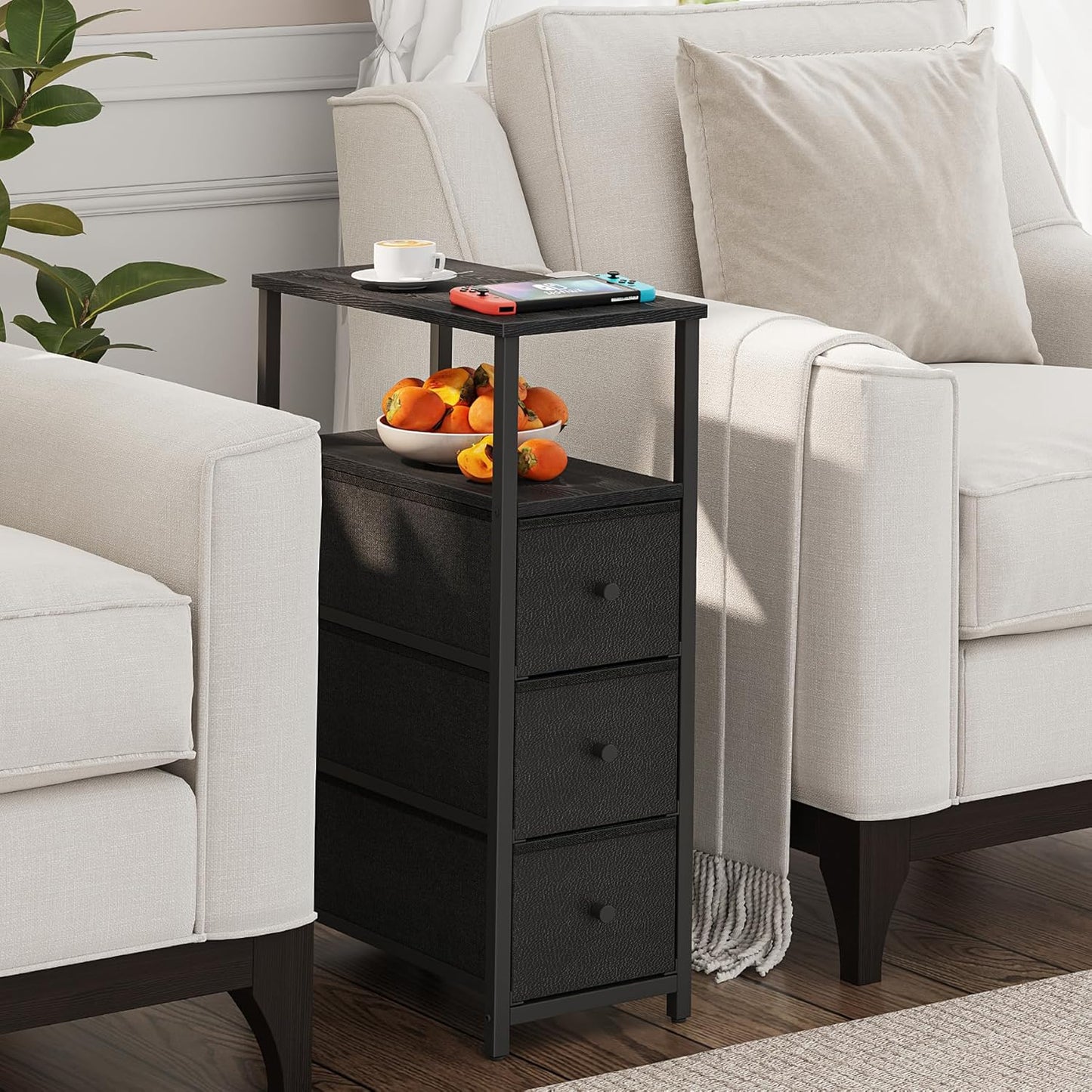 TUTOTAK Narrow Night Stand, Slim End Table, Tall Side Table with 3 Fabric Drawer, Small Bedside Table with Storage, Set of 2, for Living Room, Bedroom, Black TB01BK072