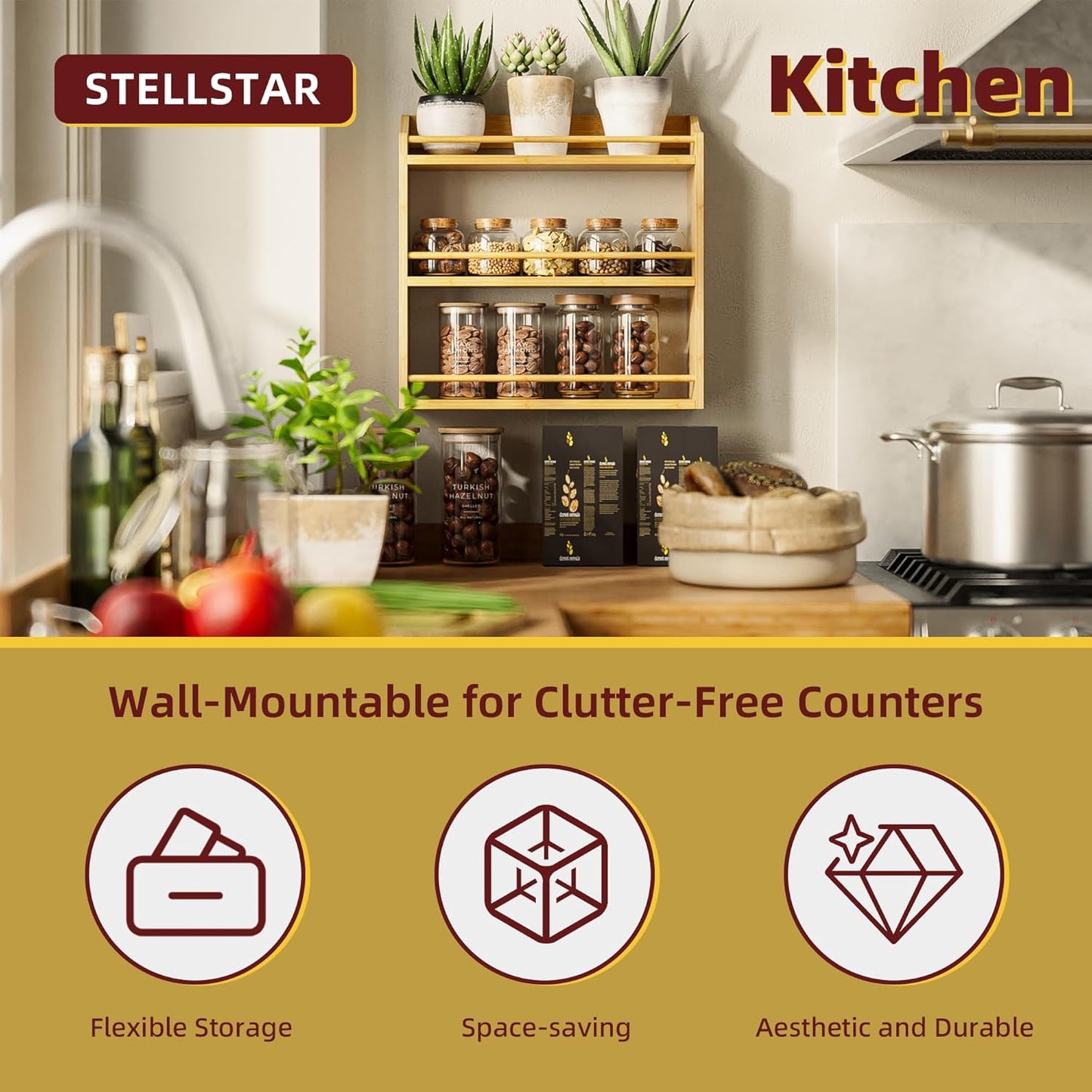 Spice Rack Wall Mounted, Spice Organizer for Counter, Bamboo Spice Storage Holder for Kitchen Cabinet, Pantry (Spice Jars Not Included, Natural)