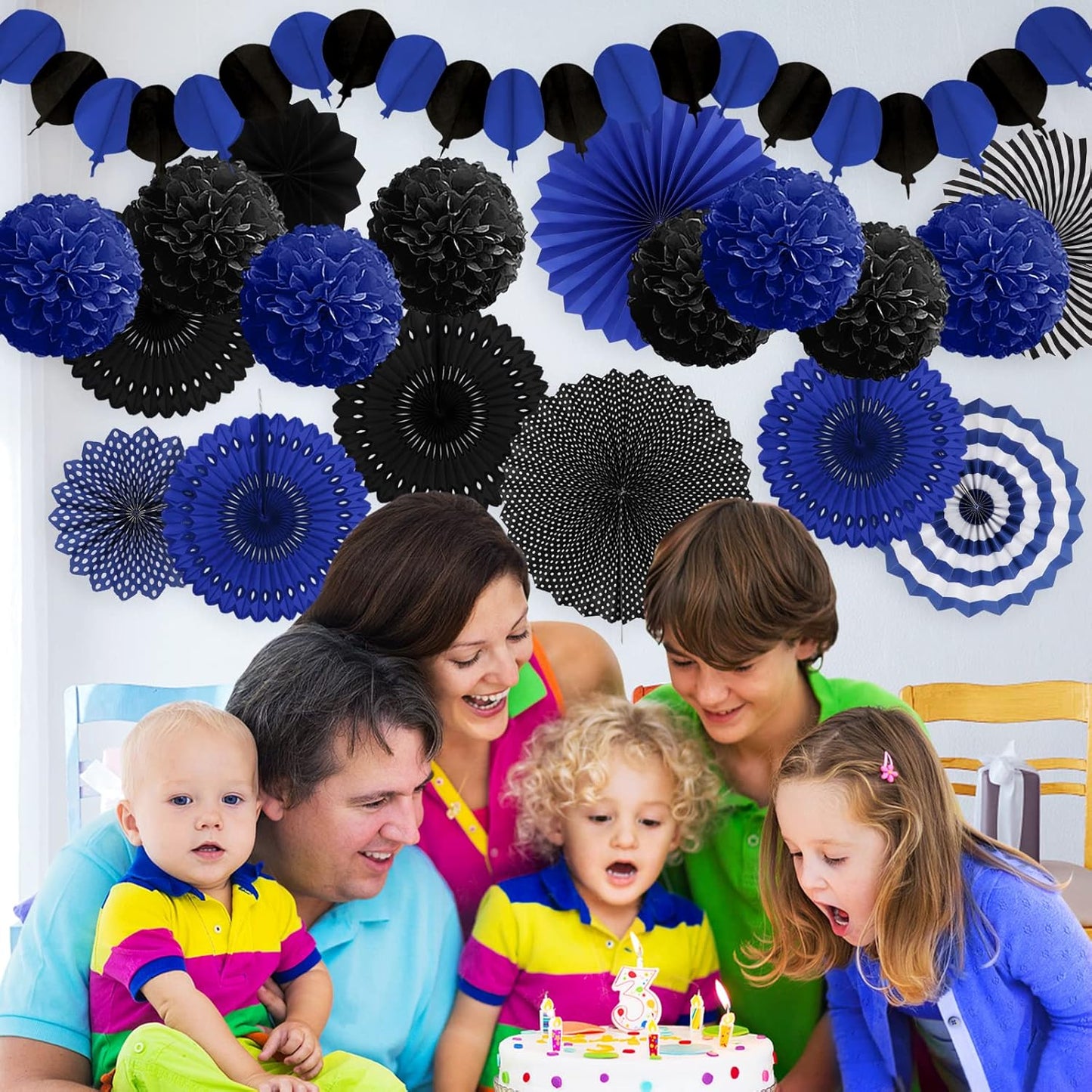 Party Decorations, Black Navy Blue Papar Fans Pompoms Garlands for Men Boy Fathers Day Graduation Wedding Birthday Party Decoration