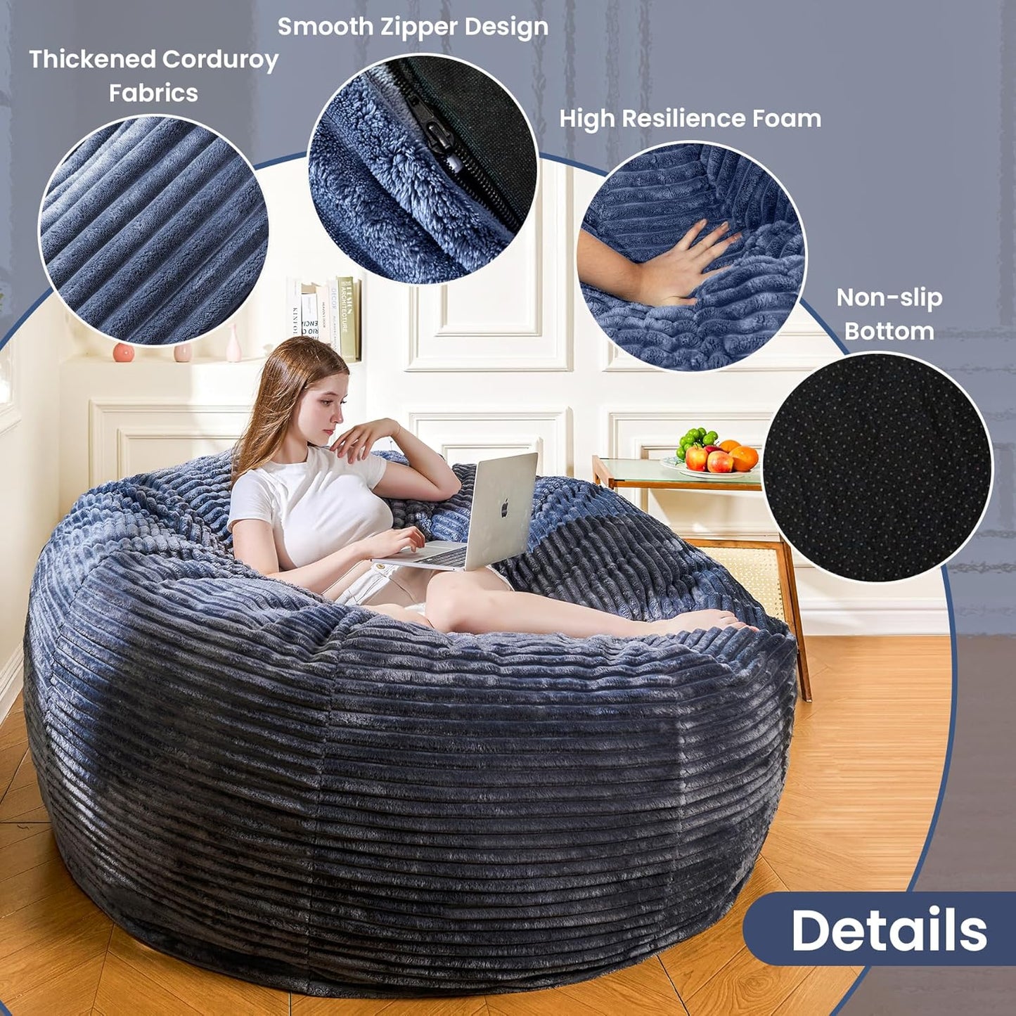 Large Bean Bag Chair, 6FT Giant Beanbag Chairs with Memory Foam Filled, Bean Bag Chairs for Adults, Ultra Soft Lazy Sofa for Living Room Bedroom (Grey)