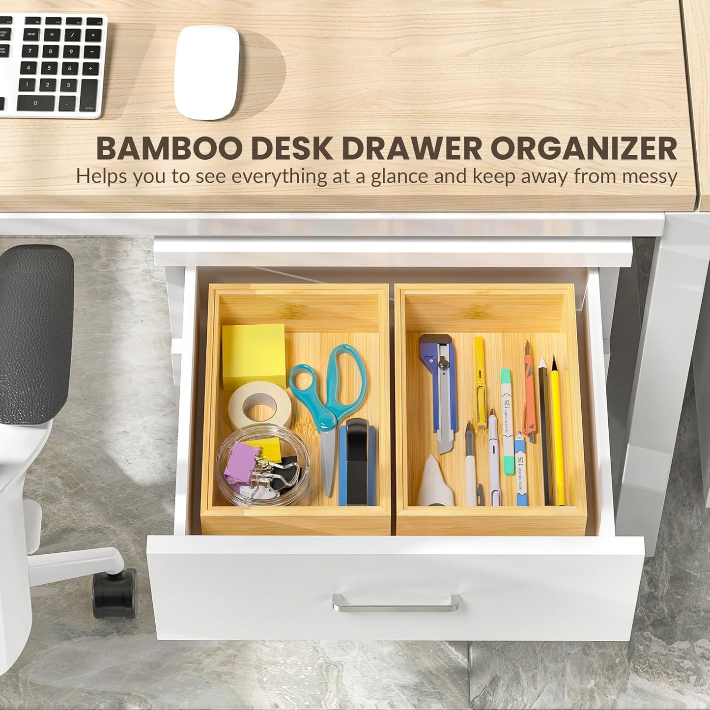 Kitchen Drawer Organizer Bins, Stackable Bamboo Drawer Organizer for Silverware, Flatware, Deep Office Desk Drawer Organizer Tray, Desktop Pen, Office Organization 9" x 6" x 2.5" (Set of 2)