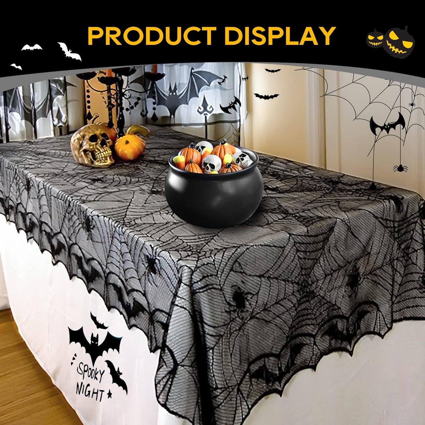 eZAKKA Halloween Table Cloth, Spider Web Table Cloth Black Tablecloth Lace Fabric Table Cloths Halloween Table Cover for Rectangle for Parties Gothic Spooky Home Decorations, 48x96 Inch