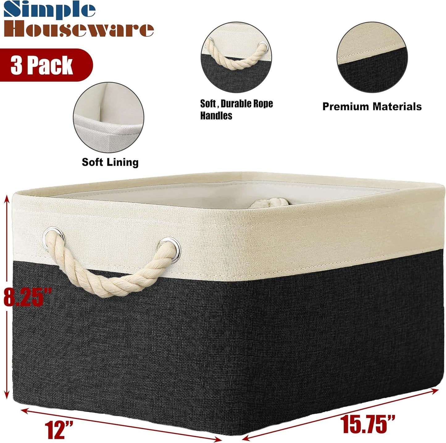 SIMPLE HOUSEWARE Large Fabric Storage Bin, 15.7" x 12" with Braided Handles, 3 Pack, Black