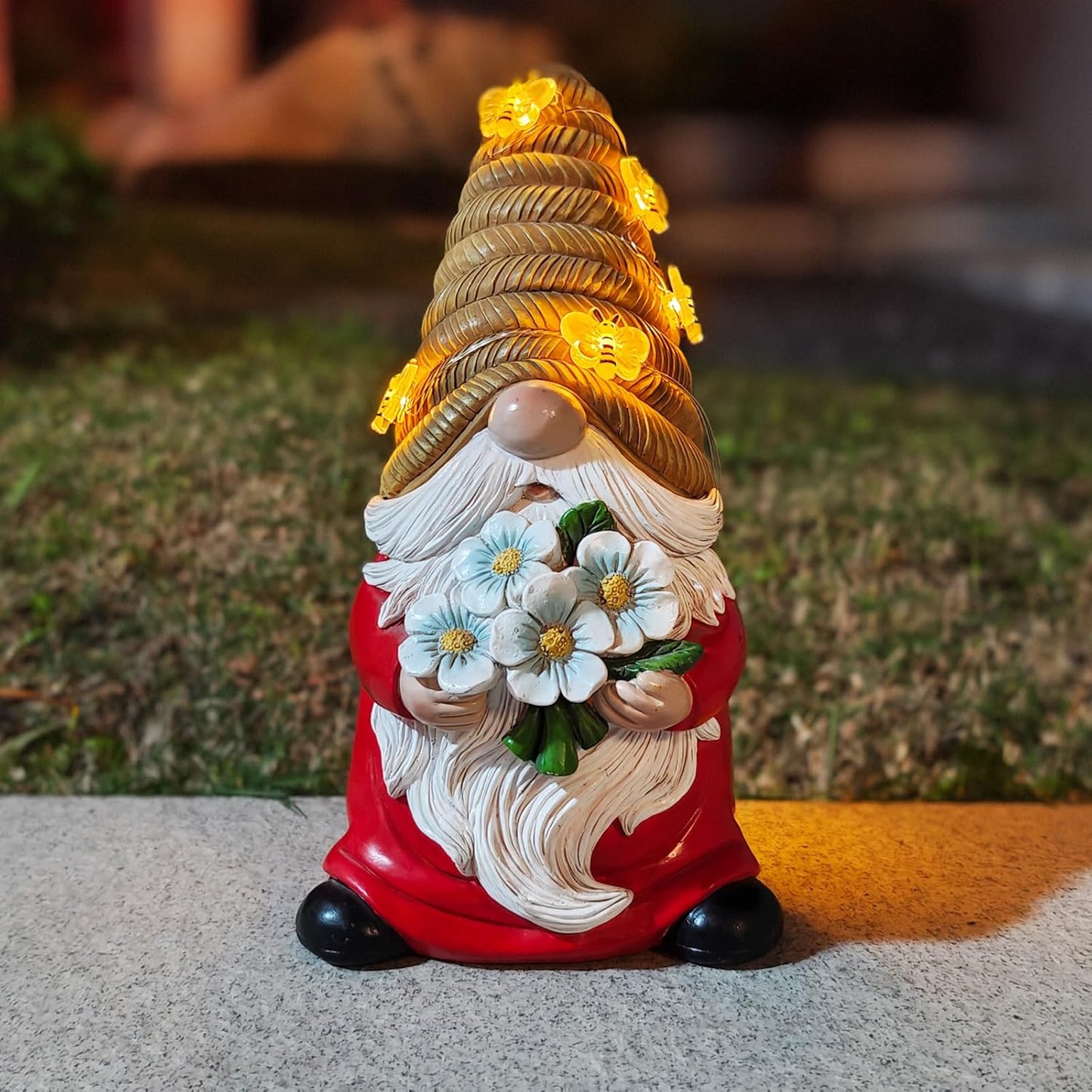 Outdoor Garden Gnomes Statue, Bee Flower Gnome Sculpture, with Solar LED Lights for Yard, Patio, Lawn Ornaments for Garden, Patio Gnome Gifts for Mom